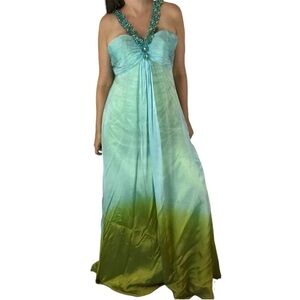 SHERRI HILL Aqua Blue Lime Green Ombre Beaded Formal Gown Size 4